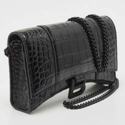 Pre Owned Balenciaga Black Croc Embossed Leather Hourglass Wallet on Chain