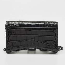 Pre Owned Balenciaga Black Croc Embossed Leather Hourglass Wallet on Chain