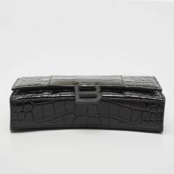 Pre Owned Balenciaga Black Croc Embossed Leather Hourglass Wallet on Chain