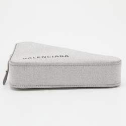 Pre Owned Balenciaga Silver Glitter Triangle Zip Clutch