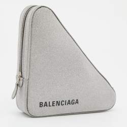 Pre Owned Balenciaga Silver Glitter Triangle Zip Clutch