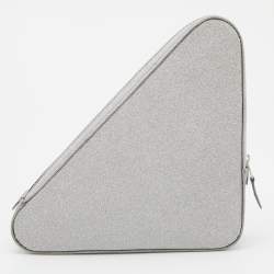 Pre Owned Balenciaga Silver Glitter Triangle Zip Clutch