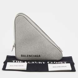 Pre Owned Balenciaga Silver Glitter Triangle Zip Clutch