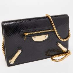 Pre Owned Balenciaga Black Python Amp Plate Chain Clutch