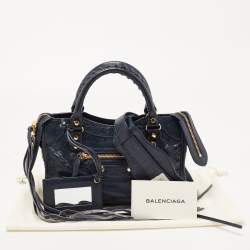 Pre Owned Balenciaga Nay Blue Leather Mini Metallic Edge City Bag