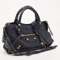 Pre Owned Balenciaga Nay Blue Leather Mini Metallic Edge City Bag
