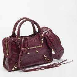 Pre Owned Balenciaga Burgundy Croc Embossed Leather Mini Classic City Bag