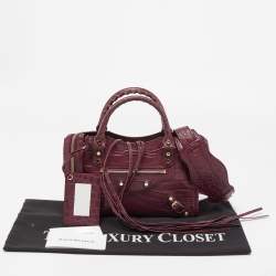 Pre Owned Balenciaga Burgundy Croc Embossed Leather Mini Classic City Bag