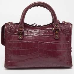 Pre Owned Balenciaga Burgundy Croc Embossed Leather Mini Classic City Bag