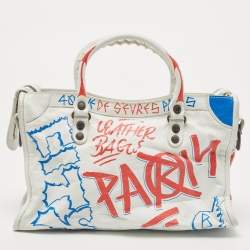 Pre Owned Balenciaga White Graffiti Leather Small City Tote 