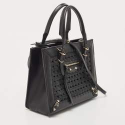 Pre Owned Balenciaga Black Woven Leather Mini Papier A4 Tote