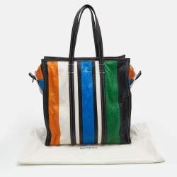 Pre Owned Balenciaga Multicolor Striped Leather Medium Bazaar Shopper Tote