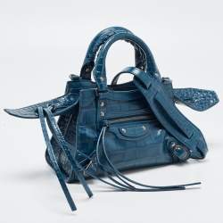 Pre Owned Balenciaga Teal Croc Embossed Leather Mini Neo Classic Bag
