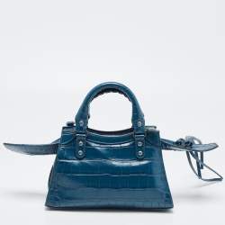 Pre Owned Balenciaga Teal Croc Embossed Leather Mini Neo Classic Bag