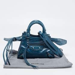 Pre Owned Balenciaga Teal Croc Embossed Leather Mini Neo Classic Bag