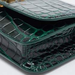 Pre Owned Balenciaga Green Croc Embossed Glazed Leather B. Logo Wallet On Chain