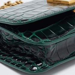 Pre Owned Balenciaga Green Croc Embossed Glazed Leather B. Logo Wallet On Chain