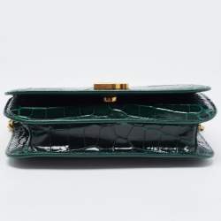 Pre Owned Balenciaga Green Croc Embossed Glazed Leather B. Logo Wallet On Chain