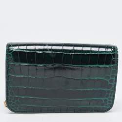 Pre Owned Balenciaga Green Croc Embossed Glazed Leather B. Logo Wallet On Chain