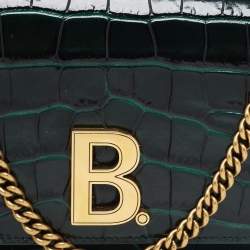 Pre Owned Balenciaga Green Croc Embossed Glazed Leather B. Logo Wallet On Chain