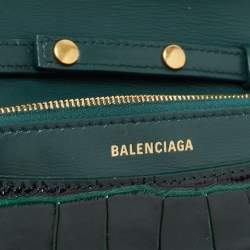 Pre Owned Balenciaga Green Croc Embossed Glazed Leather B. Logo Wallet On Chain