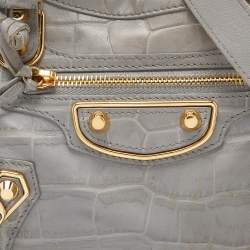 Pre Owned Balenciaga Grey Croc Embossed Leather Mini Metallic Edge City Bag