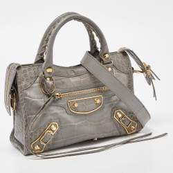 Pre Owned Balenciaga Grey Croc Embossed Leather Mini Metallic Edge City Bag