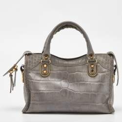 Pre Owned Balenciaga Grey Croc Embossed Leather Mini Metallic Edge City Bag