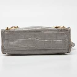 Pre Owned Balenciaga Grey Croc Embossed Leather Mini Metallic Edge City Bag