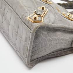 Pre Owned Balenciaga Grey Croc Embossed Leather Mini Metallic Edge City Bag