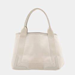 Pre Owned Balenciaga Navy Cabas Canvas & leather Tote bag White 339933