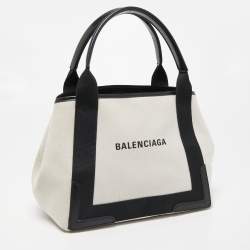 Pre Owned Balenciaga Off White/Black Printed Canvas and Leather Small Cabas Tote