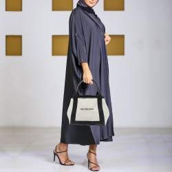 Pre Owned Balenciaga Off White/Black Printed Canvas and Leather Small Cabas Tote