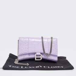 Pre Owned Balenciaga Lilac Croc Embossed Leather Hourglass Wallet on Chain