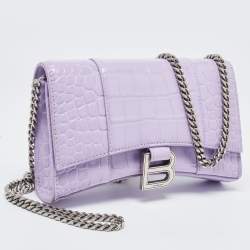 Pre Owned Balenciaga Lilac Croc Embossed Leather Hourglass Wallet on Chain