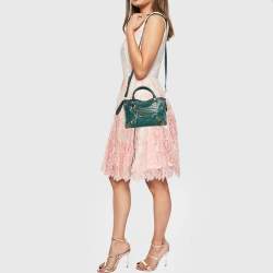 Pre Owned Balenciaga Green Croc Embossed Leather Mini Classic Metallic Edge City Bag