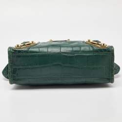 Pre Owned Balenciaga Green Croc Embossed Leather Mini Classic Metallic Edge City Bag