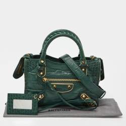 Pre Owned Balenciaga Green Croc Embossed Leather Mini Classic Metallic Edge City Bag