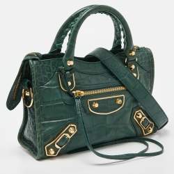 Pre Owned Balenciaga Green Croc Embossed Leather Mini Classic Metallic Edge City Bag