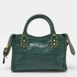 Pre Owned Balenciaga Green Croc Embossed Leather Mini Classic Metallic Edge City Bag