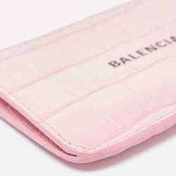 Pre Owned Balenciaga Pink Croc Embossed Leather Logo Zip Card Holder