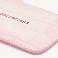 Pre Owned Balenciaga Pink Croc Embossed Leather Logo Zip Card Holder