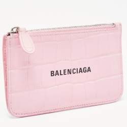 Pre Owned Balenciaga Pink Croc Embossed Leather Logo Zip Card Holder