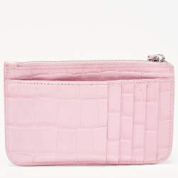 Pre Owned Balenciaga Pink Croc Embossed Leather Logo Zip Card Holder