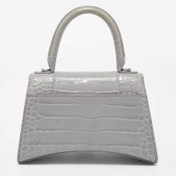 Pre Owned Balenciaga Grey Croc Embossed Leather Small Hourglass Top Handle Bag