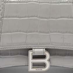 Pre Owned Balenciaga Grey Croc Embossed Leather Small Hourglass Top Handle Bag