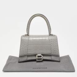 Pre Owned Balenciaga Grey Croc Embossed Leather Small Hourglass Top Handle Bag