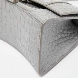 Pre Owned Balenciaga Grey Croc Embossed Leather Small Hourglass Top Handle Bag