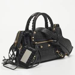 مملوكة مسبقًا Balenciaga Black Croc Embossed Leather Mini GH Classic City Bag