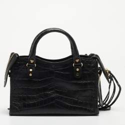 مملوكة مسبقًا Balenciaga Black Croc Embossed Leather Mini GH Classic City Bag